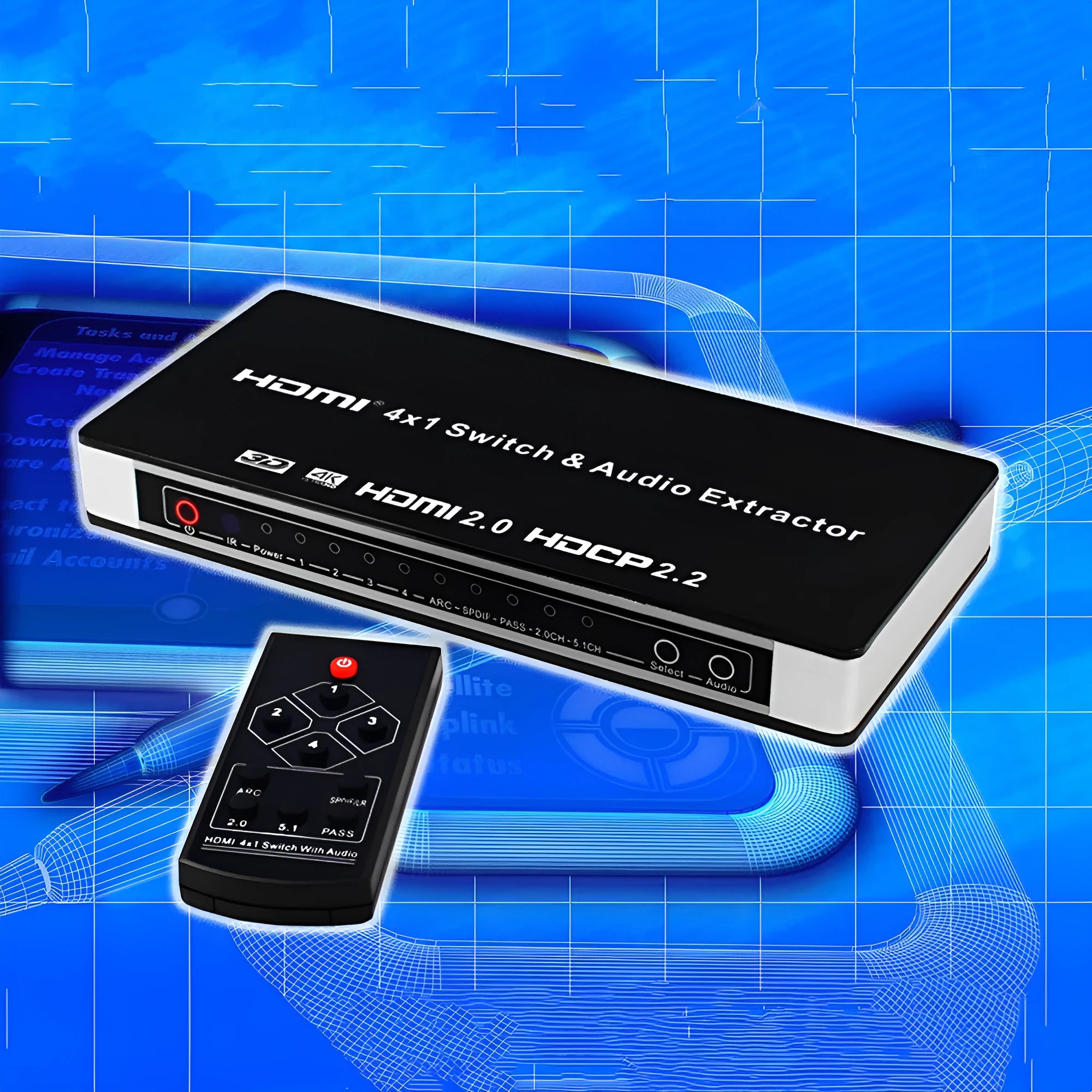 Black HDMI audio video switch with four inputs and one output, remote control, power adapter, and instruction manual