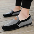 Men's grey and khaki canvas board shoes with round toe design and rubber soles
