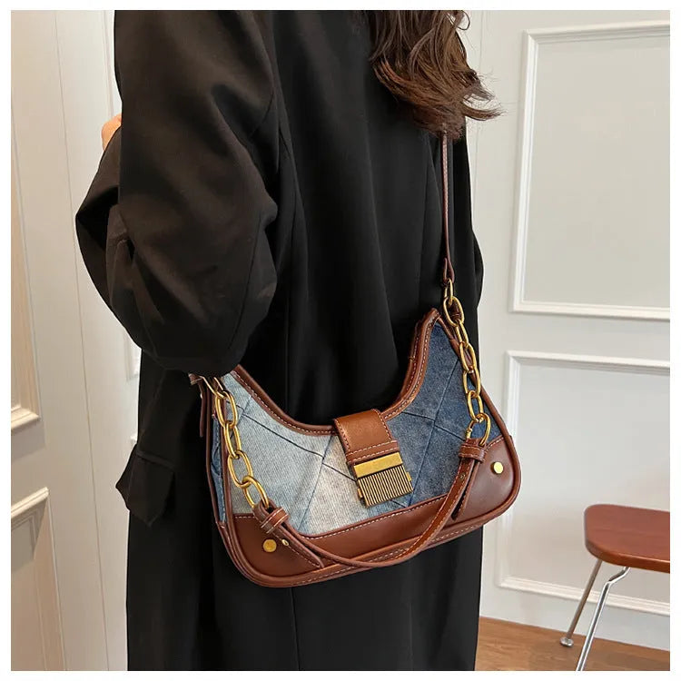 Brown denim women's shoulder bag with diamond mesh detail and double chain shoulder straps