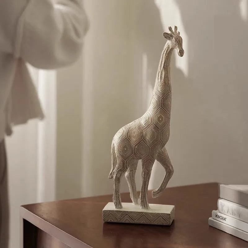 European style wood colour resin giraffe decorative ornament on a surface.
