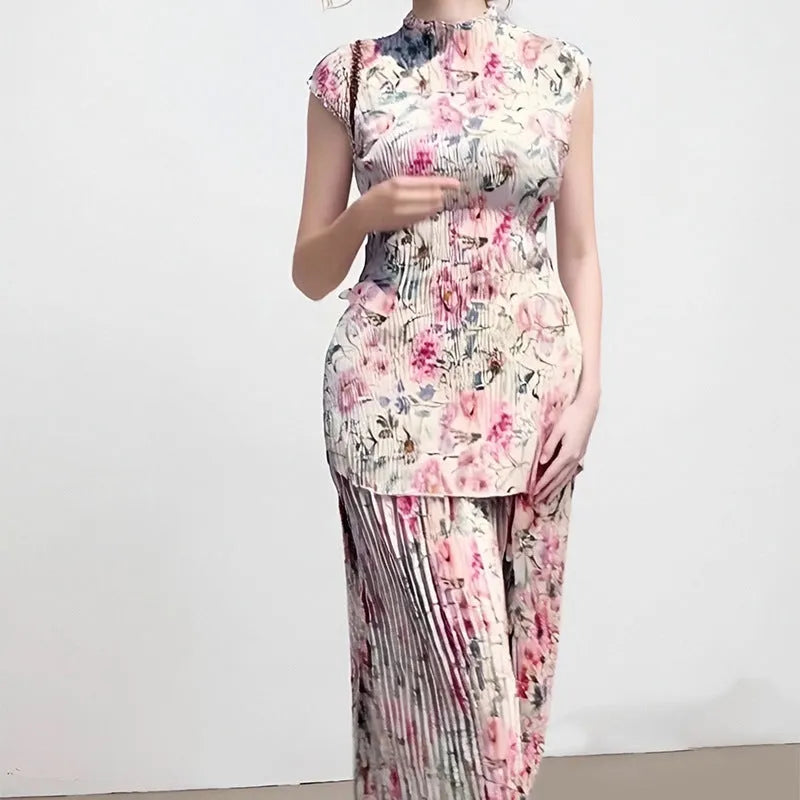 Long sleeve printed chiffon two-piece dress set with high waist design shown in picture colour.