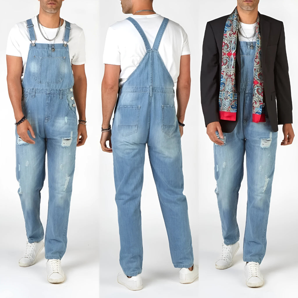 Light blue men's suspender jeans with ripped detailing and high waist straight leg cut