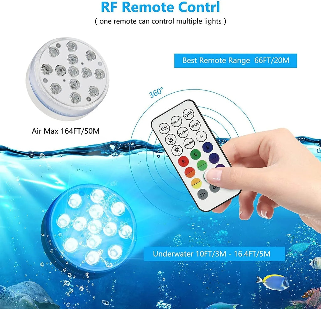 Remote control colour changing diving light with IP68 waterproof rating for indoor and outdoor illumination
