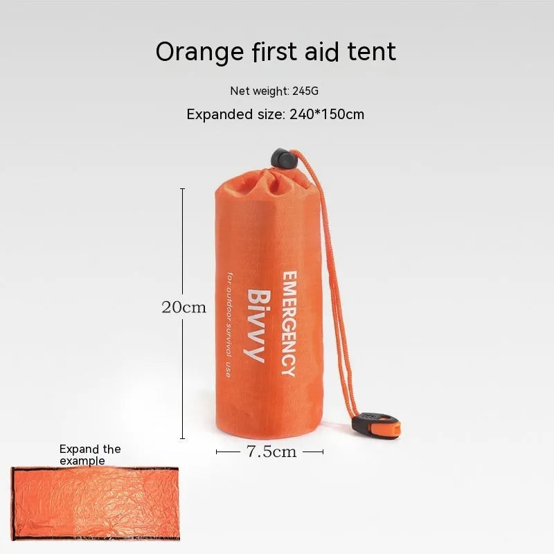 Orange and green emergency disaster relief tent with sleeping bag and raincoat set