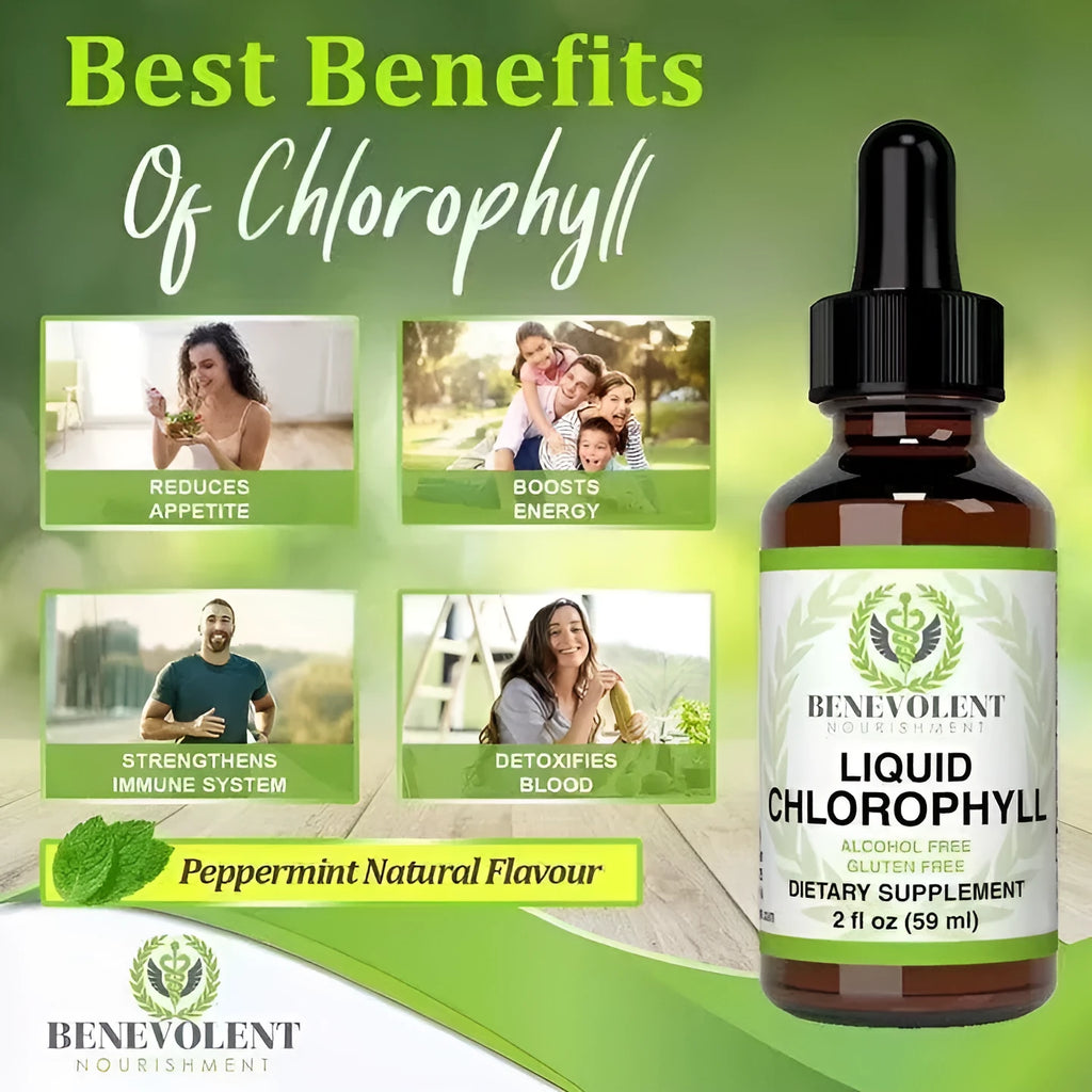 60ml bottle of natural liquid chlorophyll drops with dropper for adult dietary supplementation.