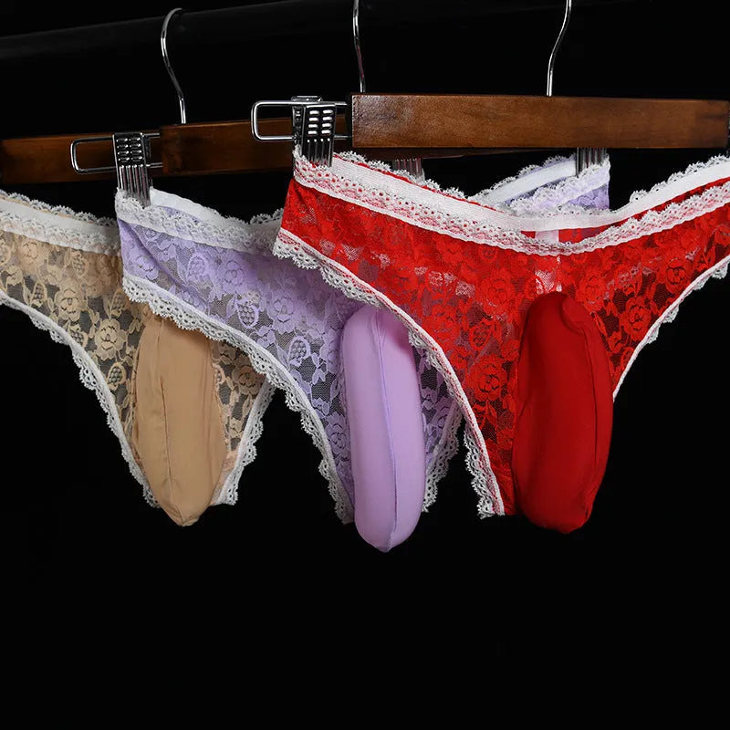 Men's black lace briefs with a vertical pouch design and low waist.