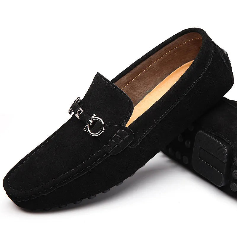 Men's black slip-on cowhide leather shoes with square toe and decorative stitching