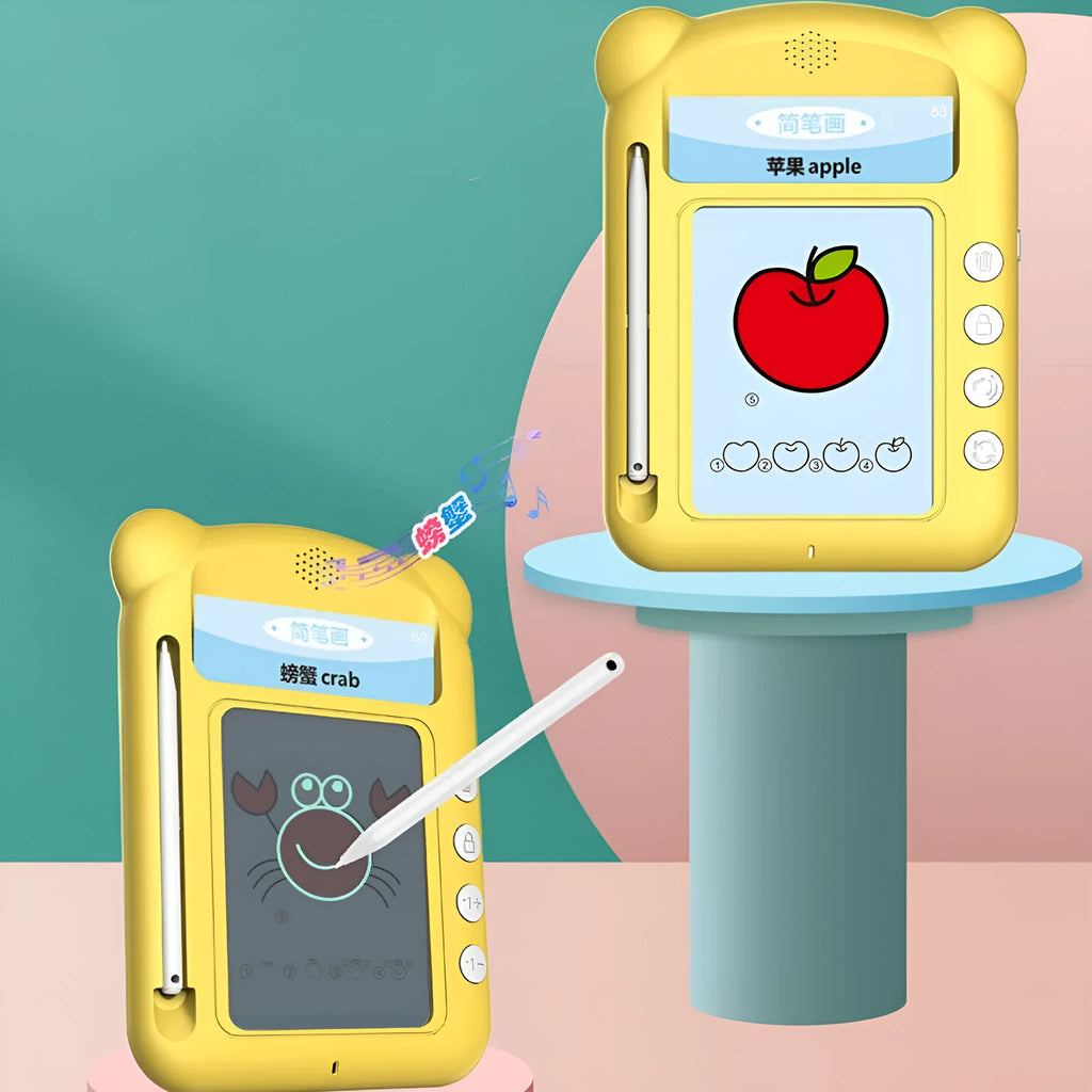 Yellow bilingual early learning machine with educational cards for emotion and hearing training