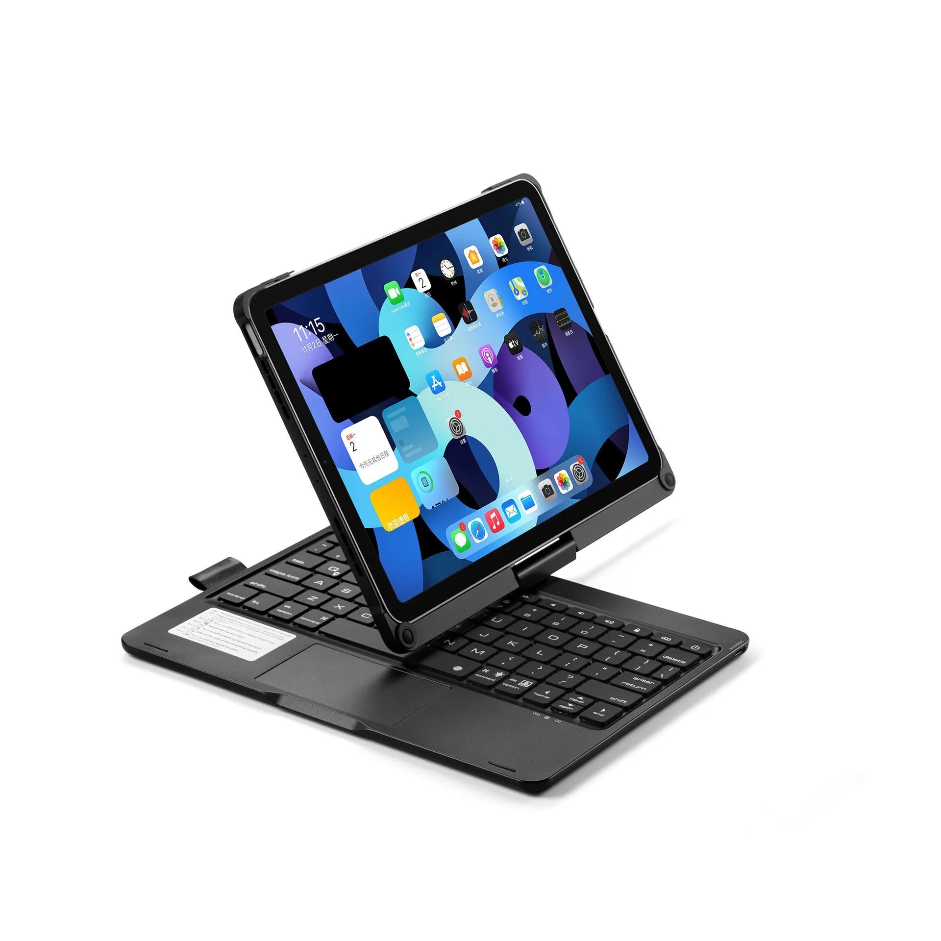 Rotating Bluetooth keyboard with touch backlight showing black, rose gold, and silver colour options