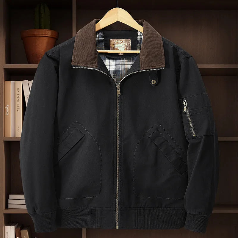 Men's plus size washed cotton baseball flight jacket in army green.