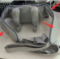 Grey elastic fabric neck massager with USB charging cable and infrared physiotherapy function