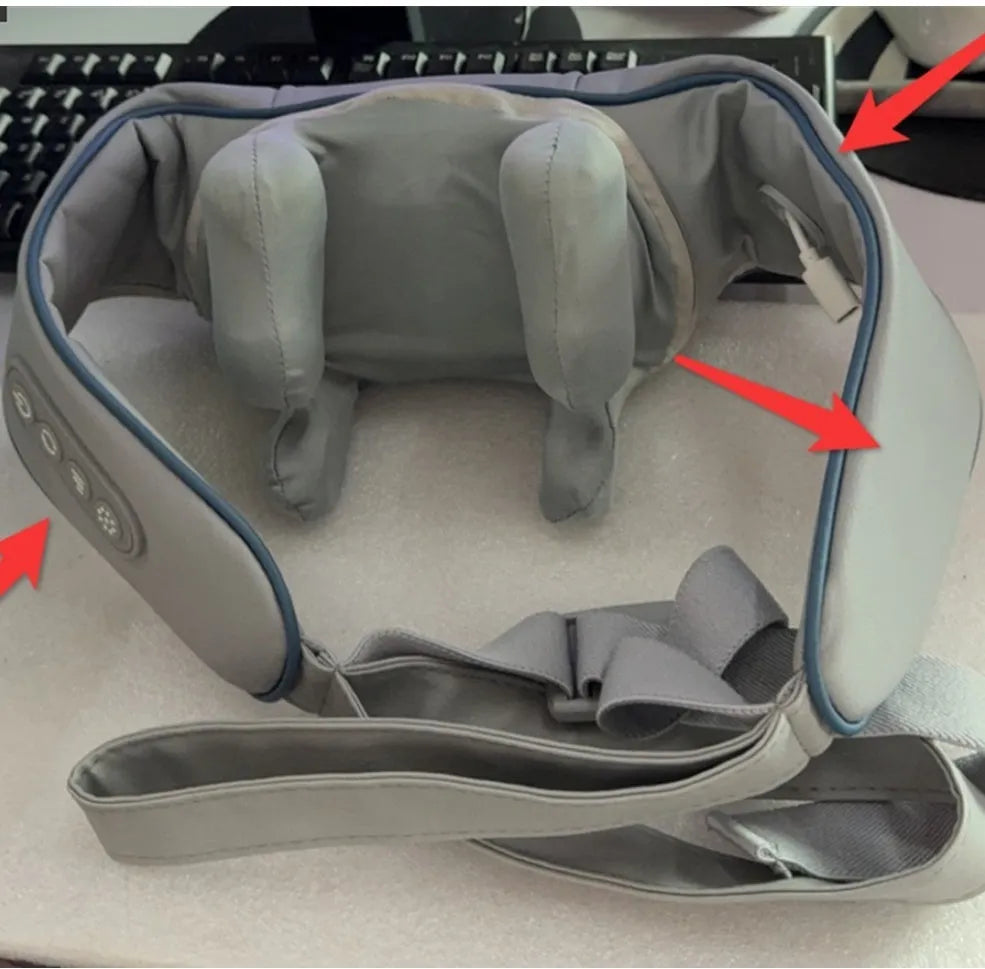 Grey elastic fabric neck massager with USB charging cable and infrared physiotherapy function