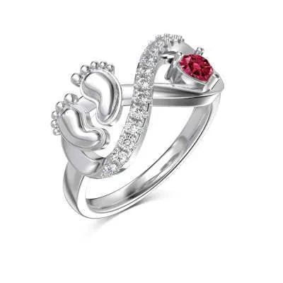 Silver rose red geometric ring with baby footprints design for women