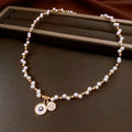 Real gold electroplated zircon pearl round pendant necklace on adjustable 41-50cm clavicle chain