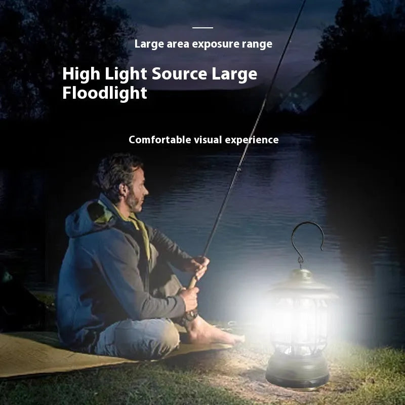 Dark green portable camping lantern with super bright light, shown with dimensions 16.6x6.7x9.6 cm.