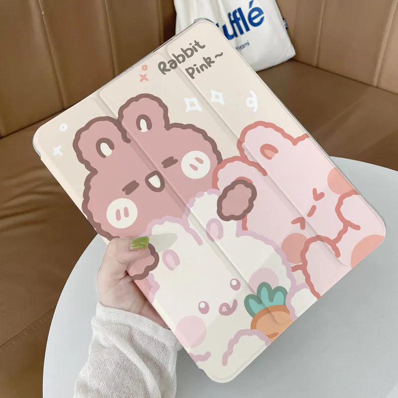Silicone tri-fold protective case for iPad in cartoon rabbit design, shown folded into a stand position.