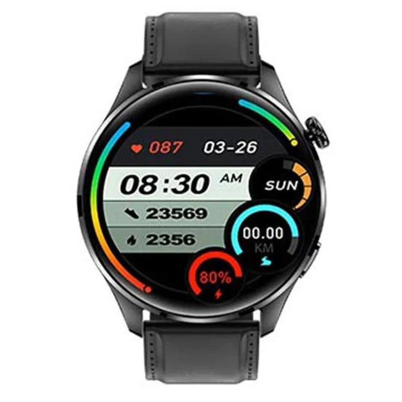 Smart watch with round colour screen and black silicone strap for access control and calling