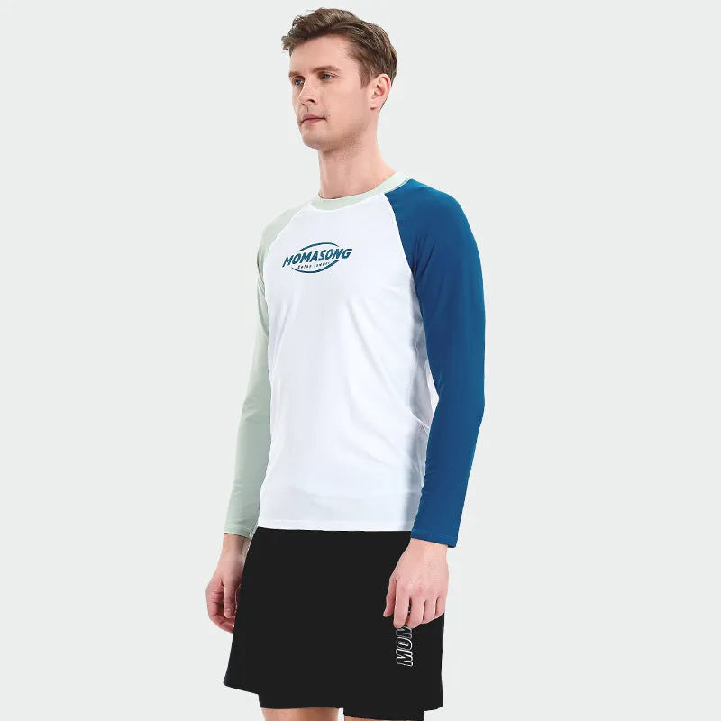 Men's white long-sleeved swimsuit top with matching double-layer swimming trunks for beach sports
