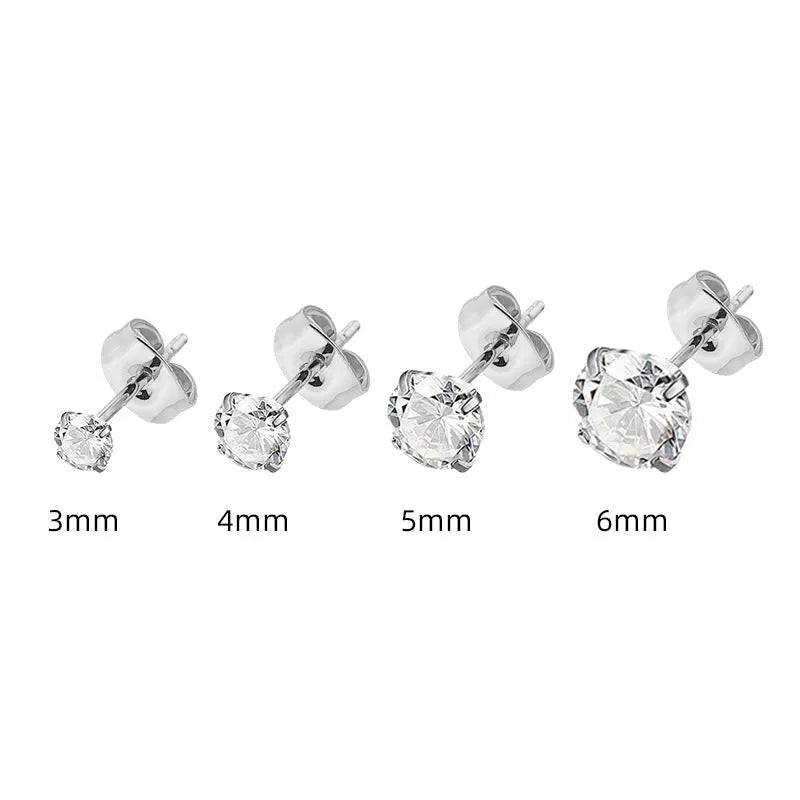 Square geometric stainless steel stud earrings with round zircon stone in centre, shown in gold and steel colour finishes