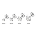 Square geometric stainless steel stud earrings with round zircon stone in centre, shown in gold and steel colour finishes