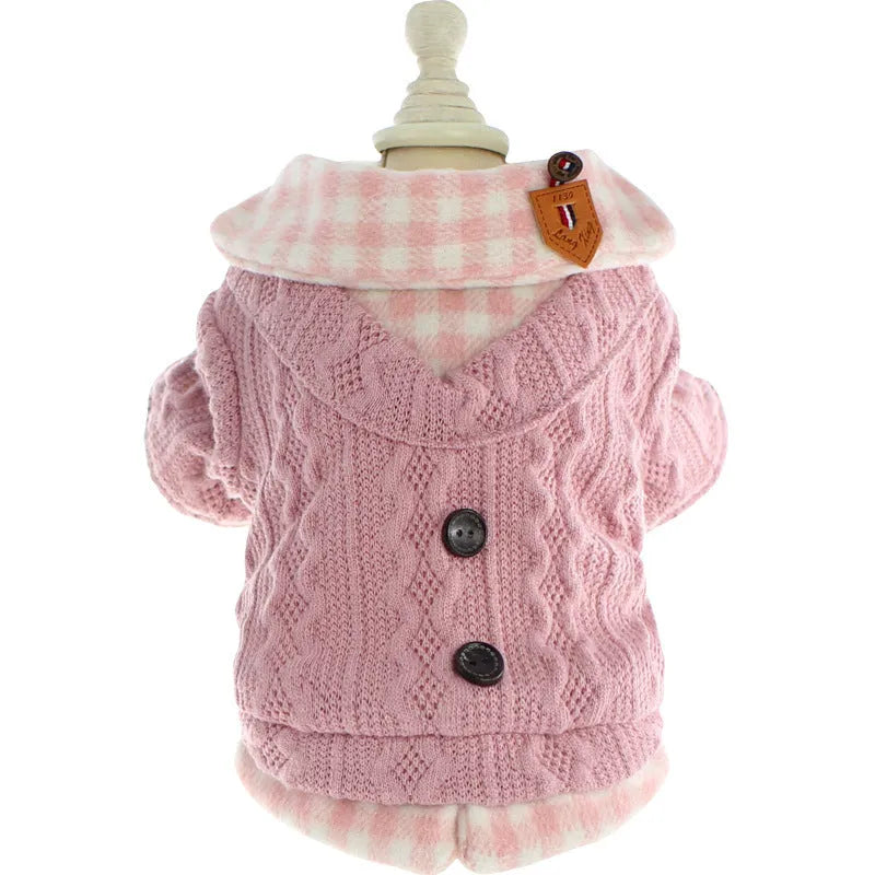 Blue wool plaid dog sweater with fake two-piece design fleece-lined for warmth