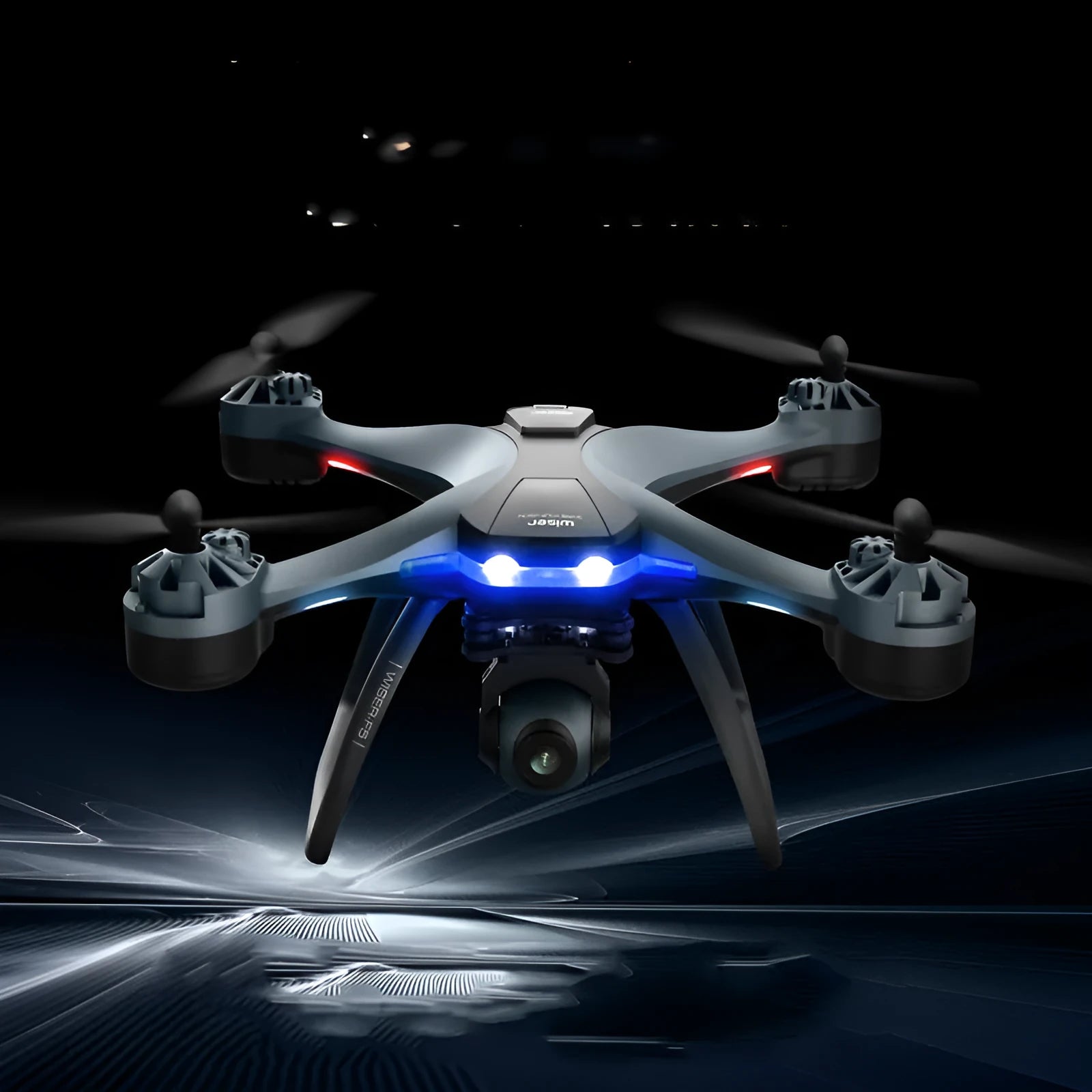 Black quadrocopter drone with four rotors, GPS module, dual cameras, and a 6-channel handheld remote controller.