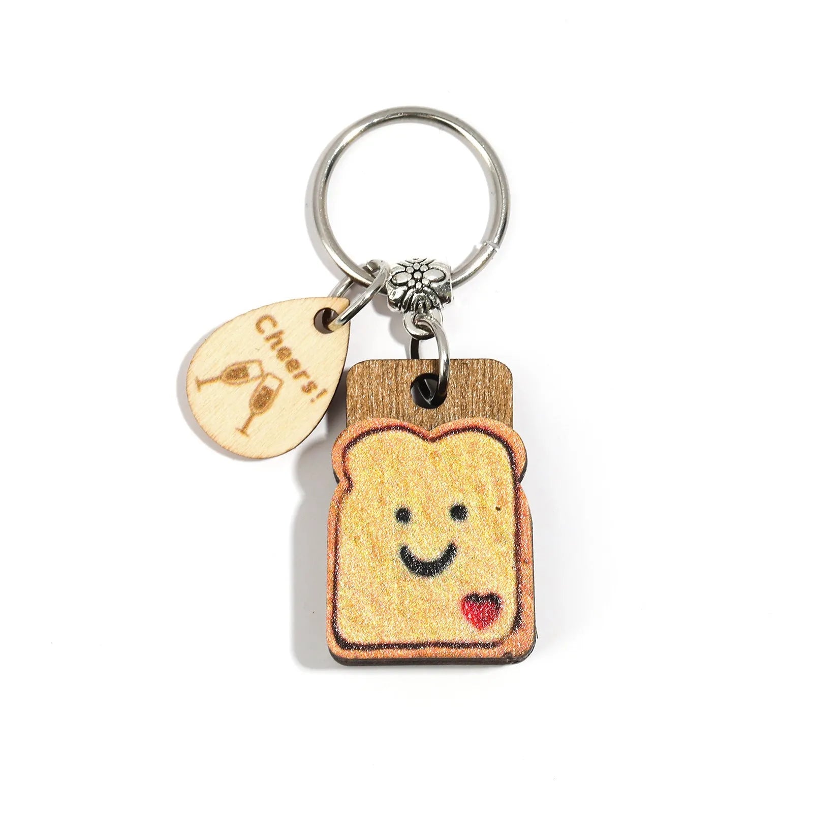 Cute bread wooden board water drop pendant alloy key ring with toast design on white background