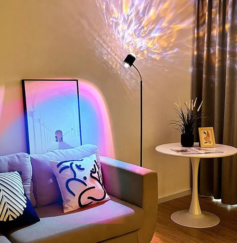 Metal spotlight with water ripple effect on a living room table, black stick finish
