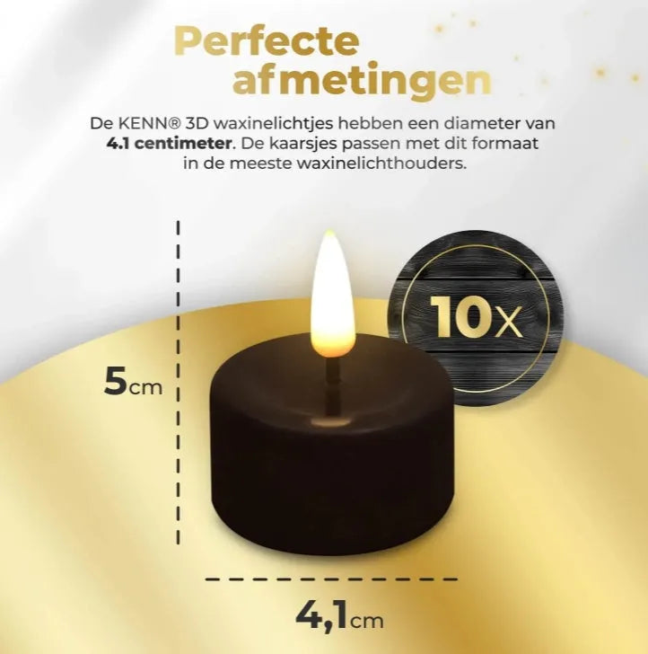 Four black LED tealight candles showing dimensions and S10 rating for safe flameless use.