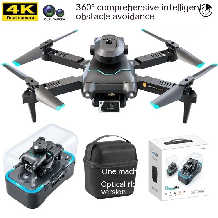 Black four-axis aerial drone with propellers and dual camera system on a compact plastic body.