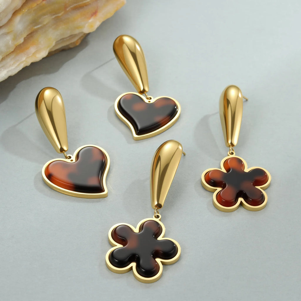 Women's stainless steel earrings with tortoiseshell resin hawksbill colour electroplating in heart and flower designs
