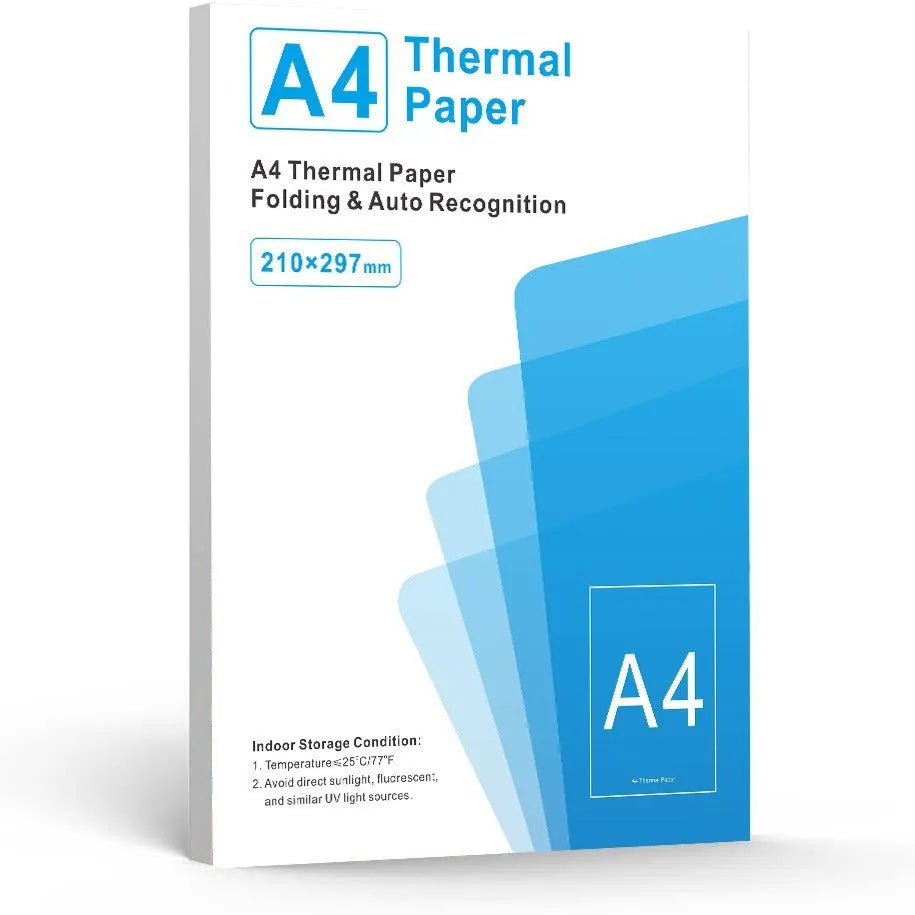 White A4 thermal printer paper in packaging showing 100 or 200 sheet options for enterprise office use