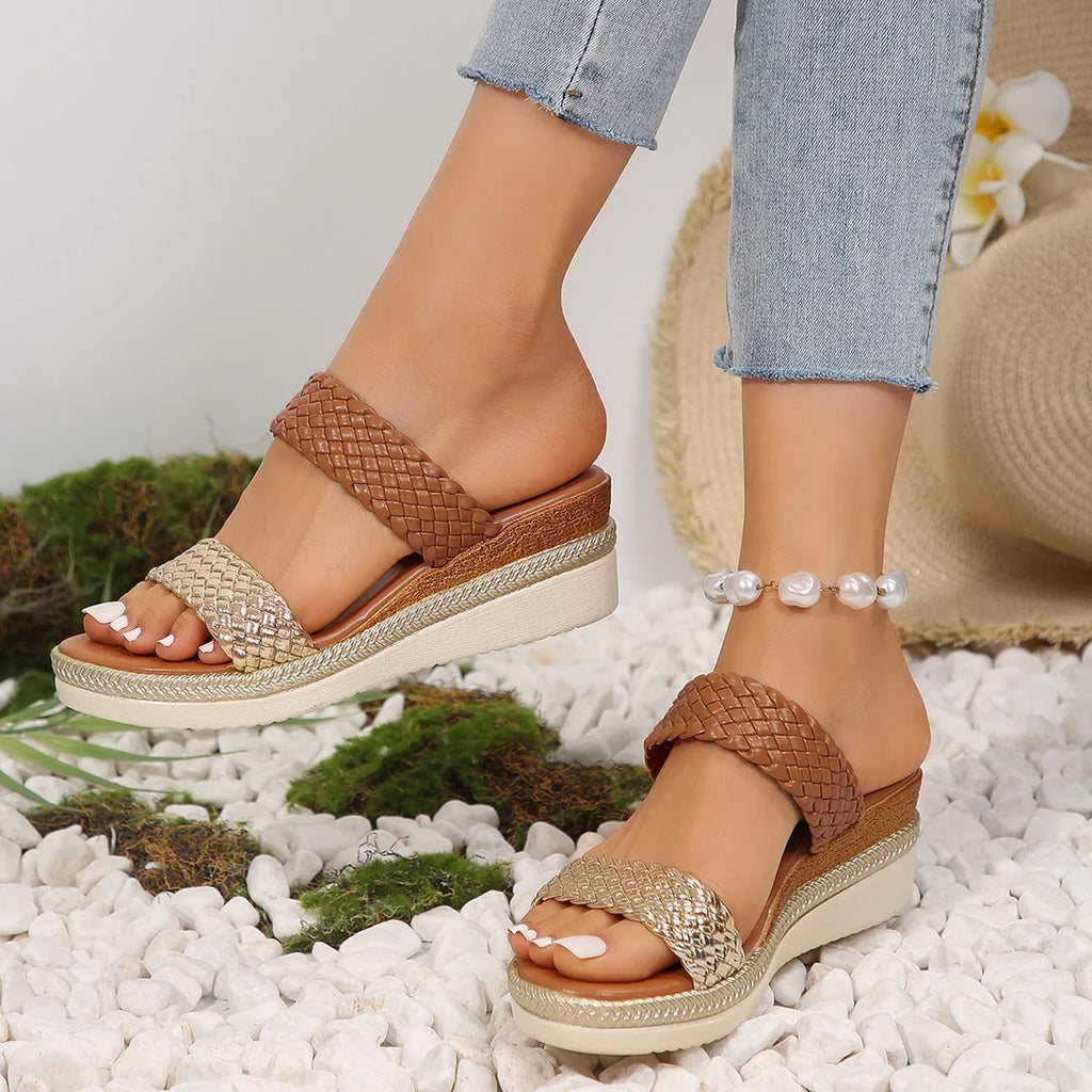Gold and silver women's wedge sandals with PU upper and rubber sole on size chart 36-43