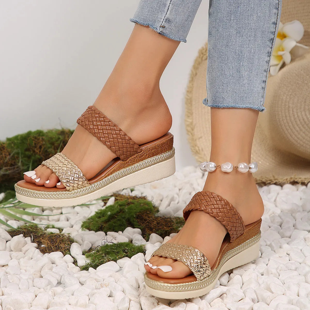 Gold and silver women's wedge sandals with PU upper and rubber sole on size chart 36-43