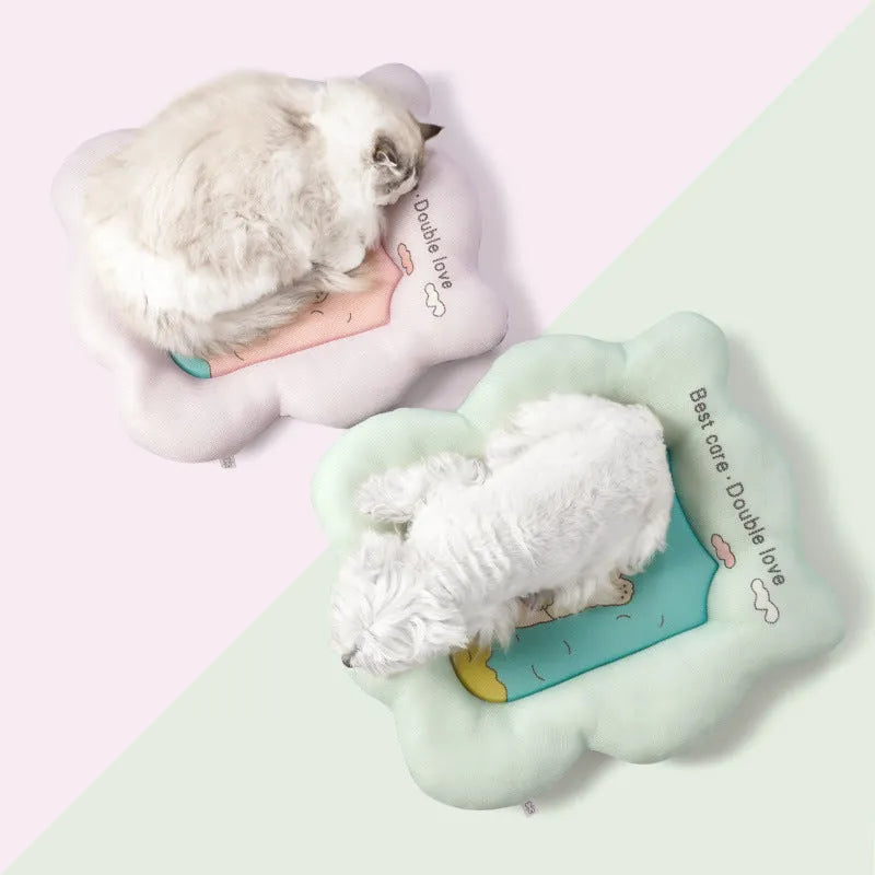 Ice silk pet cooling mat in green or pink colours showing four size options for dogs and cats