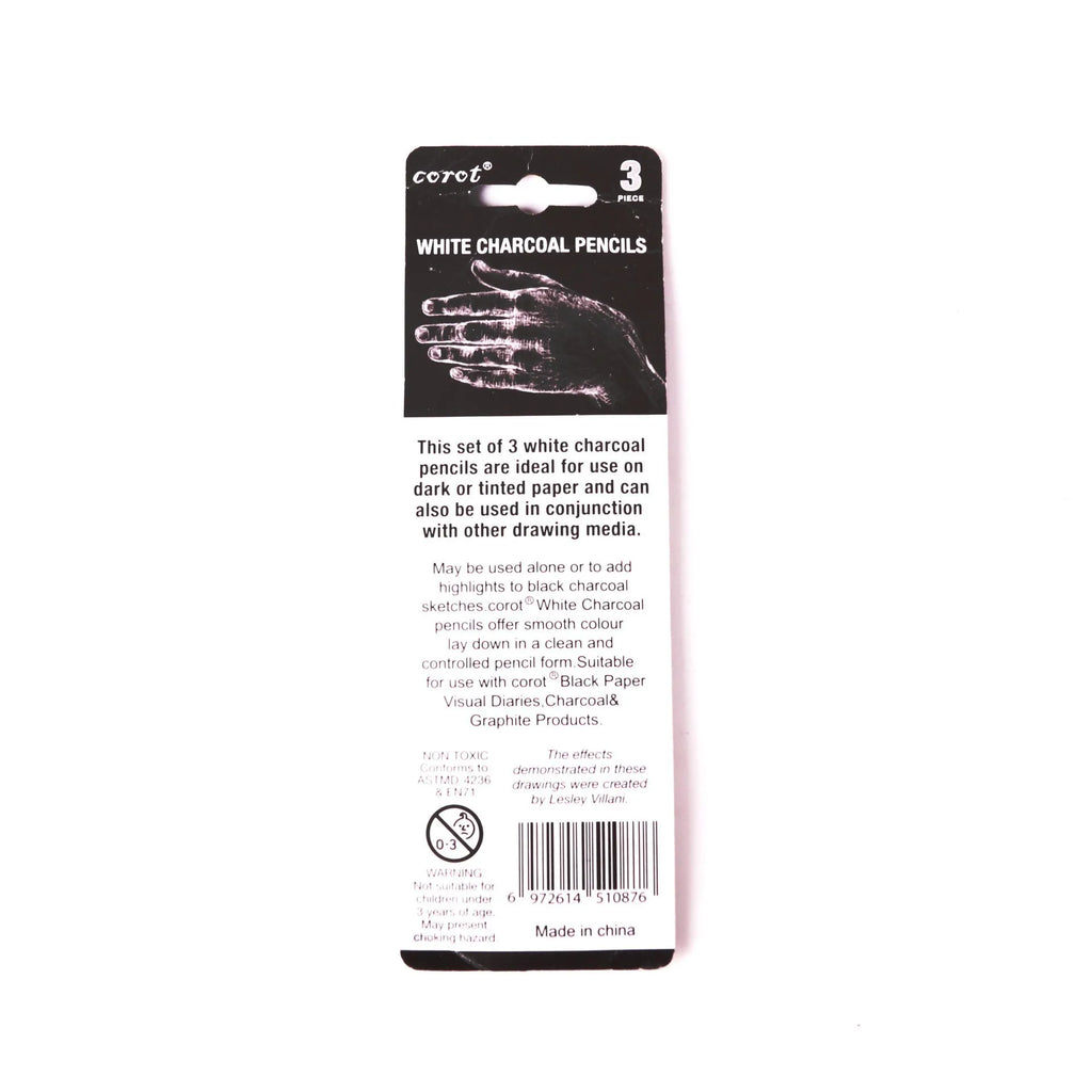 Three white charcoal sketching pencils with wooden casings for highlight work