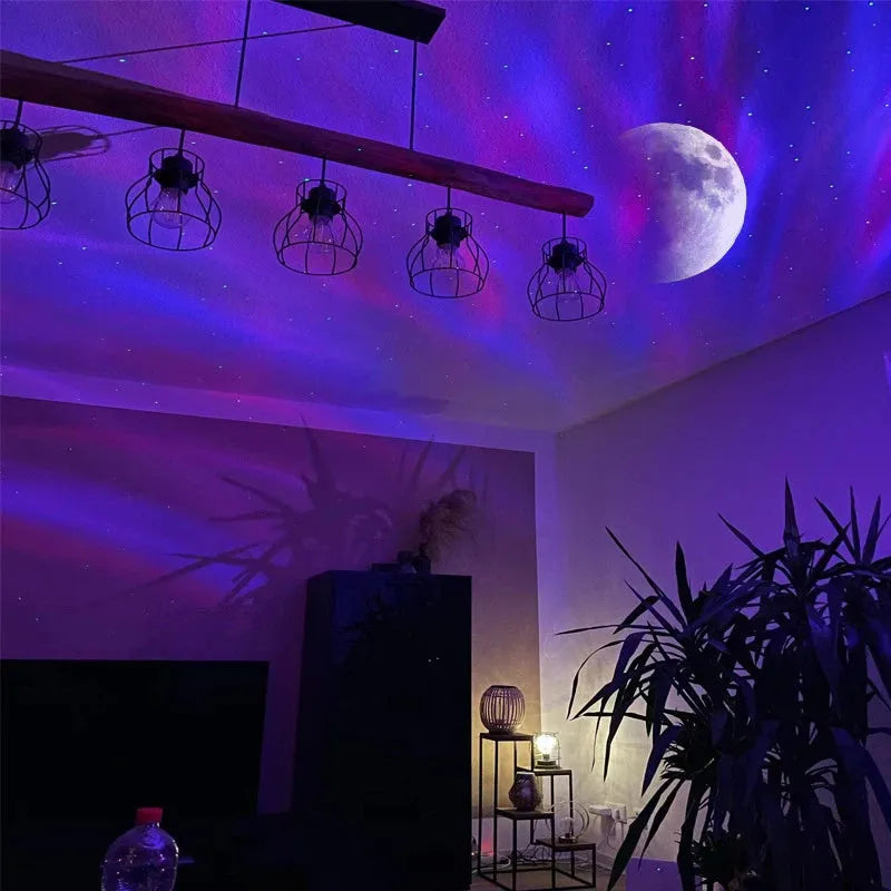 White ABS star projector lamp showing aurora borealis and star projection on a dark ceiling with remote control