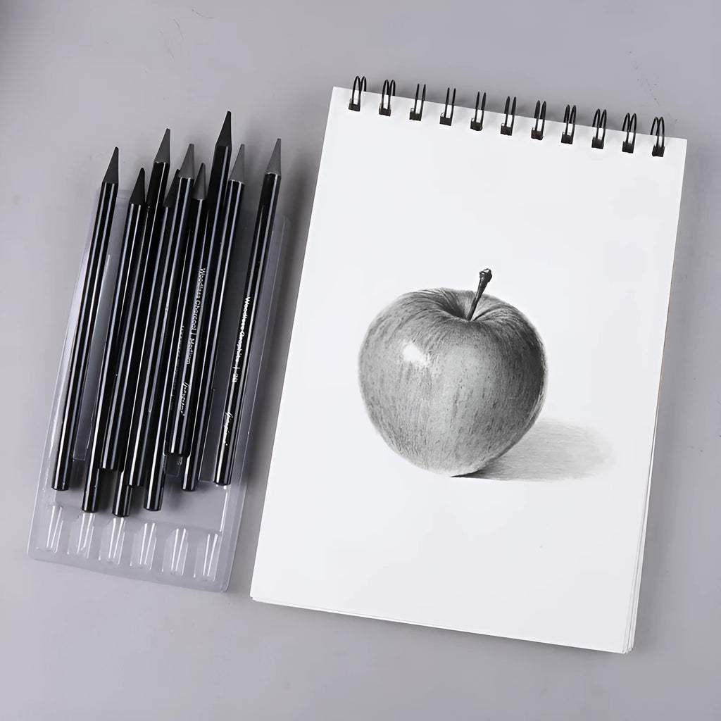 Carbonized Pencil Suit showing six graphite pencils and three carbonized pencils on wooden casing with suction card packaging
