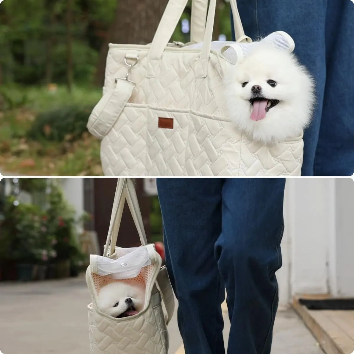 Grey and white pet carrier handbag with mesh panels and multiple pockets