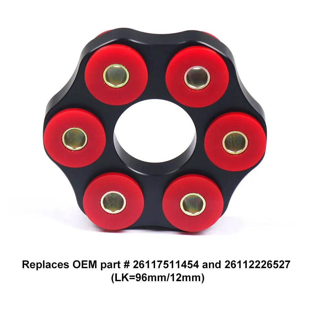 Red polyurethane and aluminium drive shaft connecting plate bracket for BMW E46, E36, E30 models.