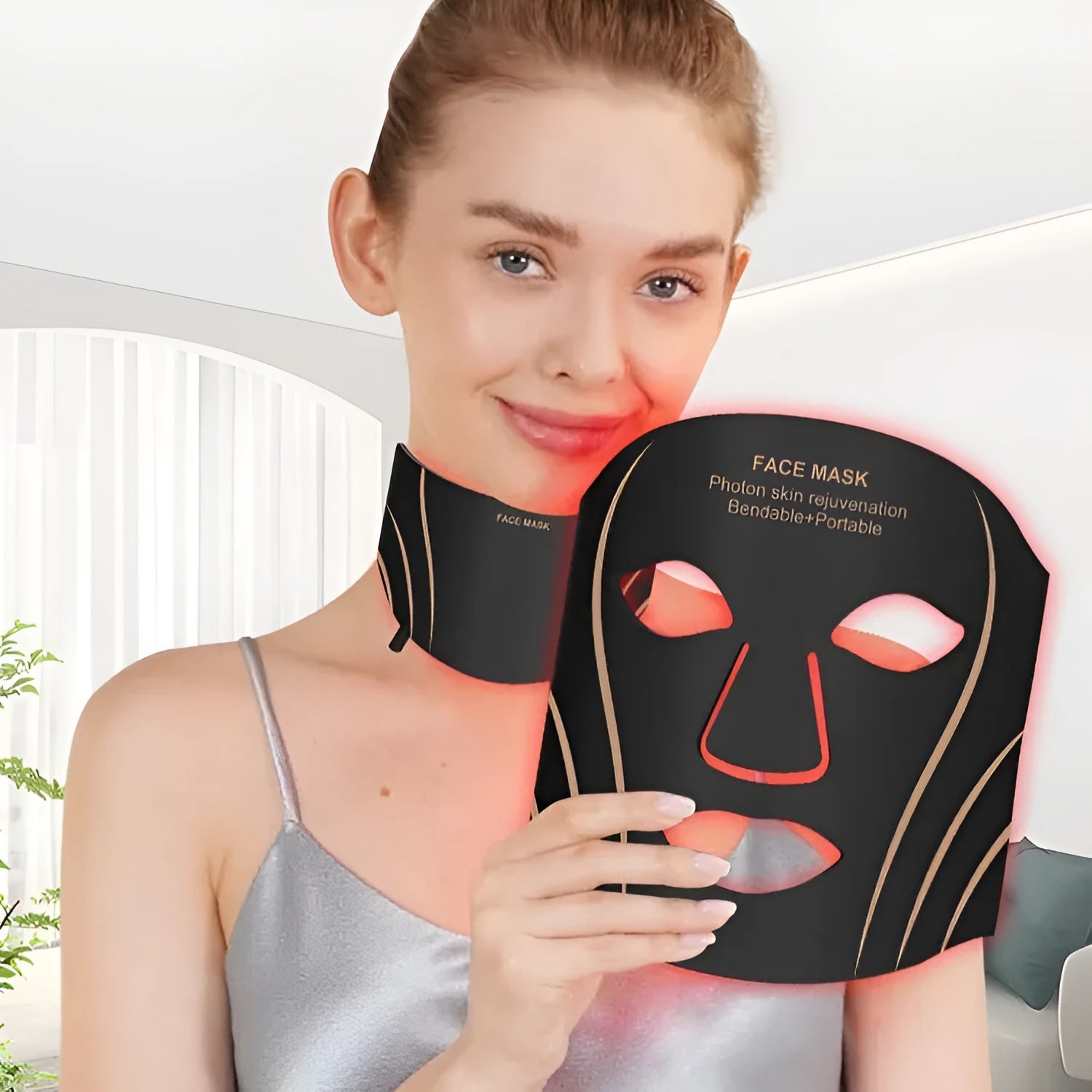 Black and gold IPL LED phototherapy facial mask beauty device with headband and touch screen controls