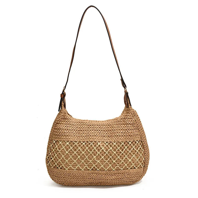 Women's khaki straw cross body bag with horizontal square shape and sandwich pocket.