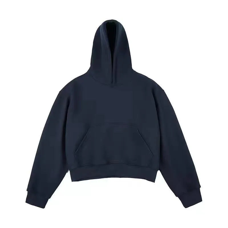 Short black Chinese cotton composite velvet hooded sweater with a removable hood on a hanger.