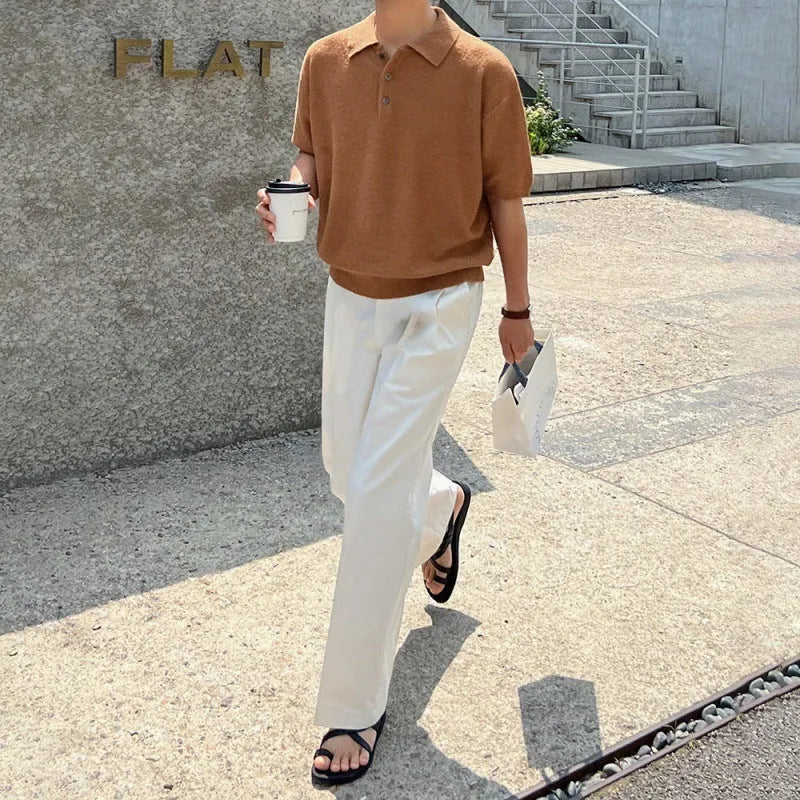 Men's retro asymmetric knitted polo shirt in caramel colour with short sleeves and loose fit