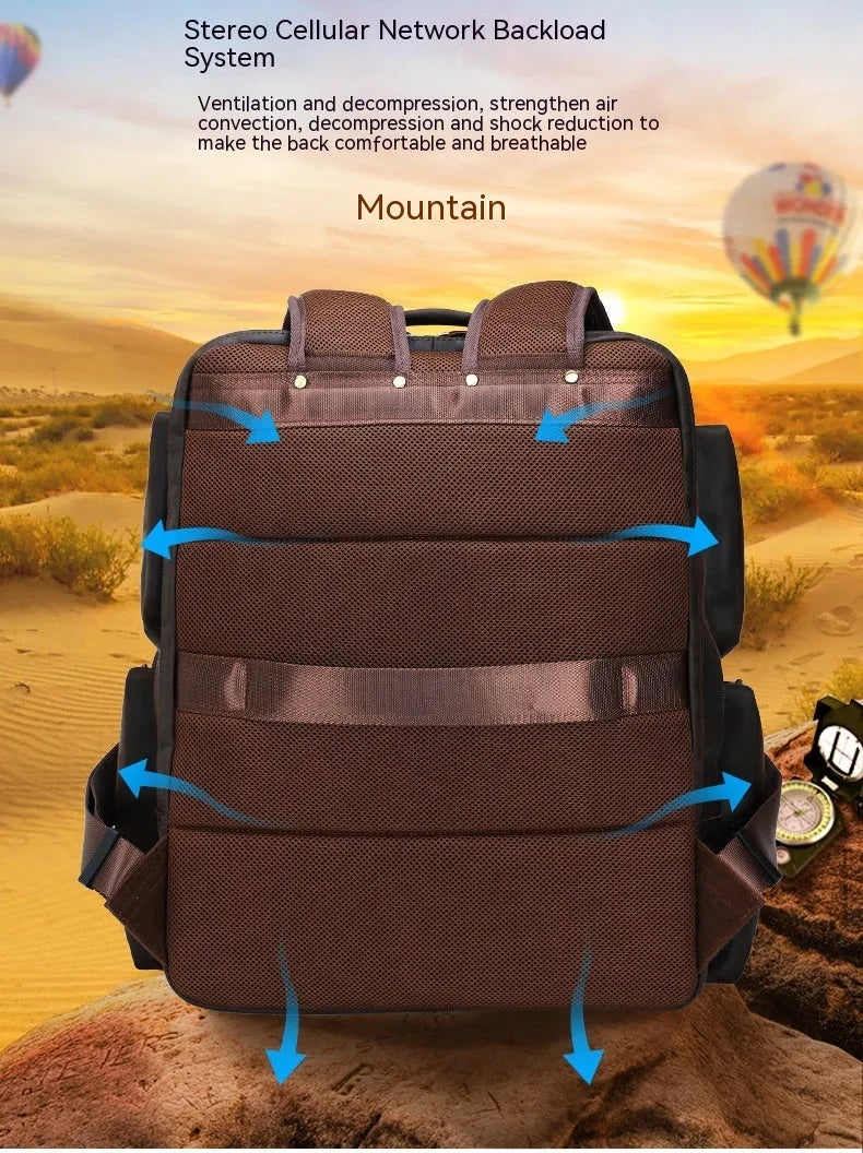 Dark brown retro leather backpack for men showing front view and open compartments.