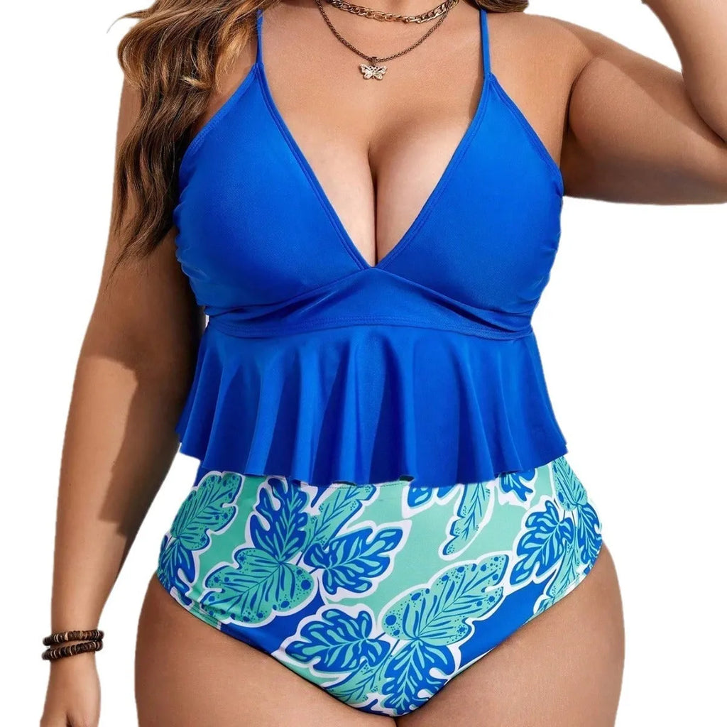 Blue polyester bikini swimsuit set with briefs style top and shorts
