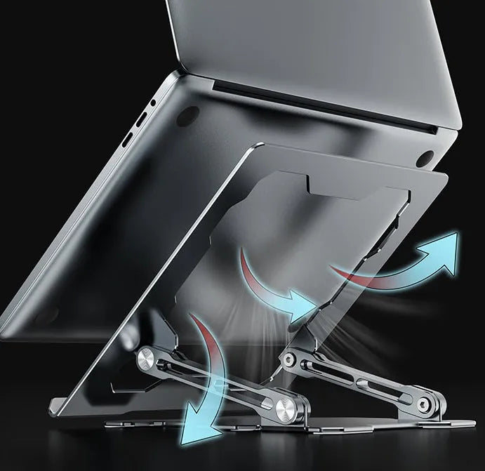 Grey aluminium alloy laptop stand showing adjustable angle mechanism and hollow heat dissipation design
