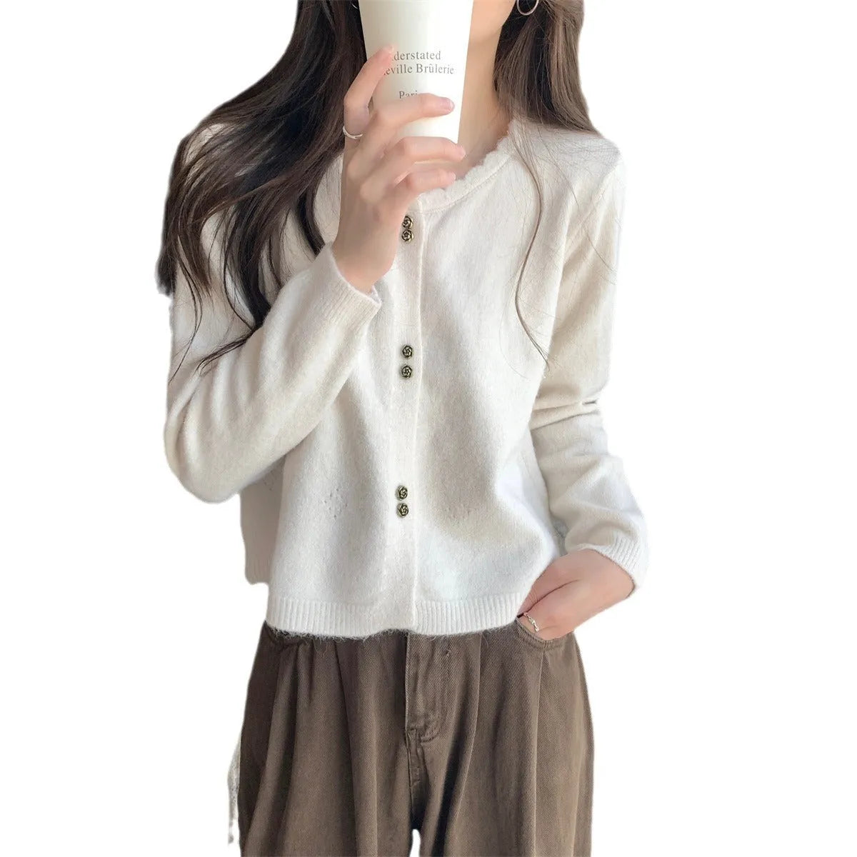 Women's long-sleeved acrylic fibre cardigan coat in multiple colours