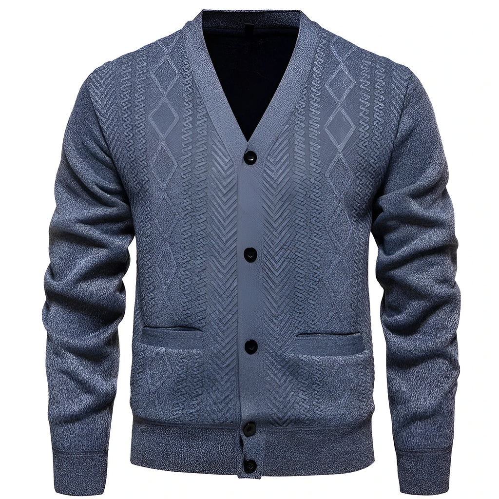 Men's striped cardigan sweater in brown, available in plus sizes with a wool lining.
