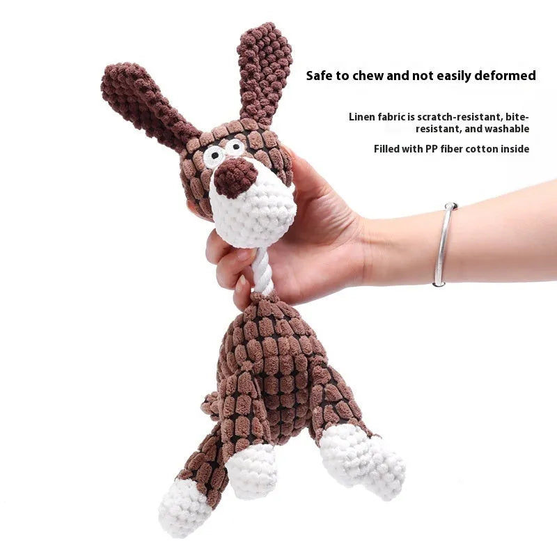 Bite-resistant plush puppy toy showing rechargeable duck and donkey styles in multiple colours for teething relief